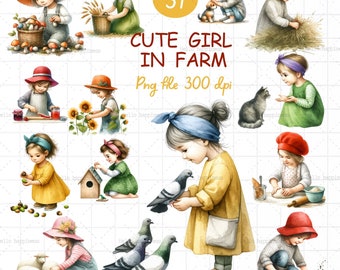 Cute Girl in farm, little Gilr gardener, Farm activitieskid, Kid on farm PNG, gardener Themed PNG, farm clipart, harvest season,