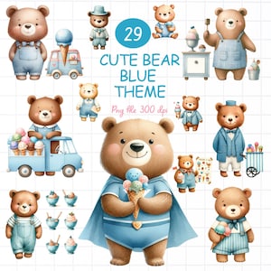 Słodki Miś Niebieski Motyw, Mały Miś clipart, Zwierzęta akwarelowe Ilustracje, Małe zwierzę, Słodkie zwierzęta, Baby Shower, dla dzieci, Kolor Niebieski Miś