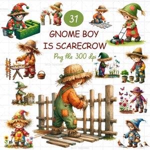 Gnome Boy es espantapájaros, Gnomo divertido, Juguetón Espantapájaros Gnome Boy para temas de otoño y cosecha, Arte de gnomos para decoración de otoño, Imágenes prediseñadas de gnomos