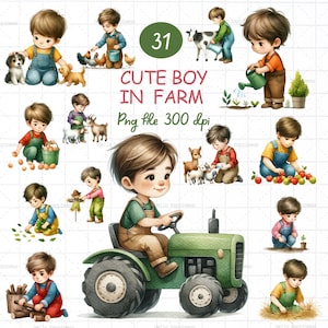 Joli garçon à la ferme, petit garçon jardinier, enfant à la ferme, enfant à la ferme PNG, jardinier sur le thème PNG, clipart ferme, saison des récoltes,