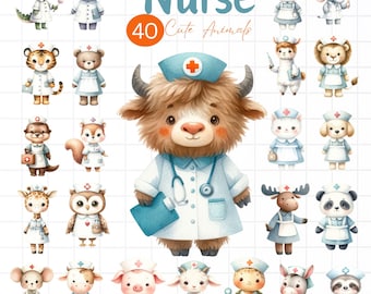 Nurse animals,doctor clipart,little dog,animals png,Watercolor Illustration,Animals Jobs,Digital Download,baby shower PNG,Doctor Baby Animal