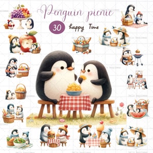 Aquarell Süßes Pinguin Picknick,Süßer Kawaii Pinguin,Pinguin Liebhaber,Geburtstag Kinder,Babyparty Png, Cartoon PNG,Muttertag,Mama, Mama,Freundin