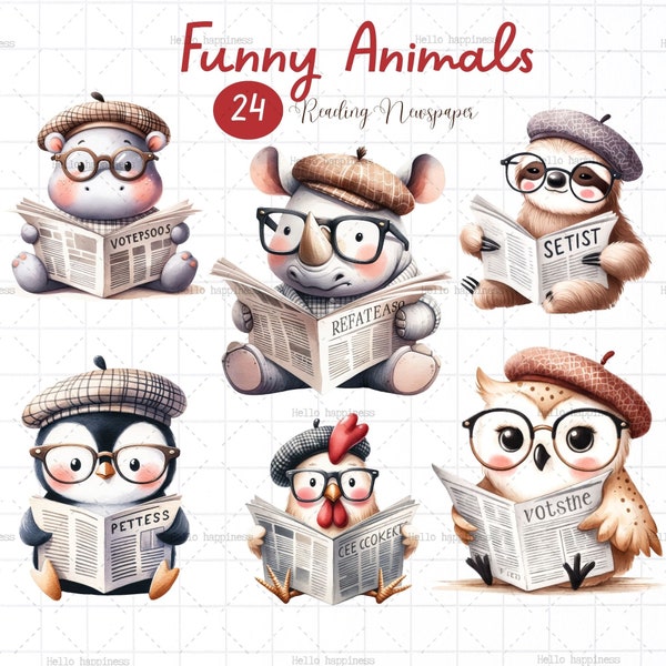 Love reading newspaper,read book,Little animals with newspaper,watercolor animals love reading,Baby Shower Book,Cute animal PNG,Digital File