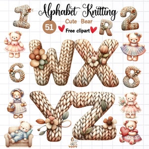 Clipart tricot alphabet, modèle de tricot lettre, tricot ours, clipart nounours, ours de litière, ton de terre, lettre, nombre, couleur marron doux