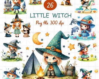 Cute little witch clipart. Perfect for children's Halloween decorations. watercolor Halloween witch clipart, Adorable Little Witch Clipart