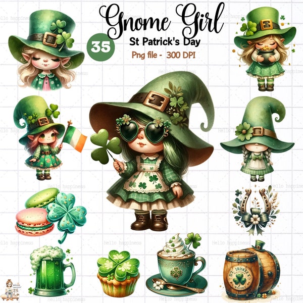 Gnome Girl, St. Patrick's Day Clipart, Shamrock Clipart, Clovers , Hand-Drawn Irish Festive PNG, Pot of Gold, Leprechaun, Horseshoe, Irish