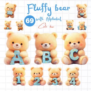 Alphabet duveteux ours, aquarelle ours lettre, png ours, alphabet moelleux, lettre et chiffre, bébé ours, clipart baby shower, clipart chambre d'enfant