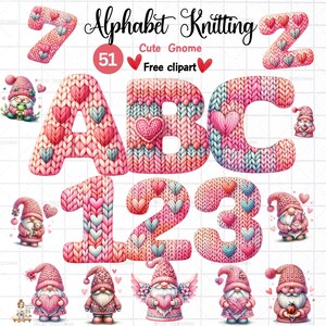 May include: Knitted alphabet letters and numbers in pink and blue with hearts.  There are also illustrations of gnomes with hearts and other accessories.  The text in the image reads "Alphabet Knitting 51 Cute Gnome Free clipart".