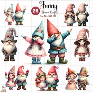 Pareja de gnomos, Pareja de gnomos divertidos, Gnomo de San Valentín, Estilo vintage, Gnomo rosa, niña y niño, Corazón, Amor, feliz, Muñeca linda, flor, floral,