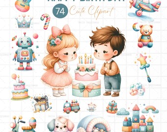 Aquarell Geburtstag Clipart, für Kind, Mädchen und Jungen, Pastell Farbe, Baby Mädchen, Papier Handwerk, digitaler Download
