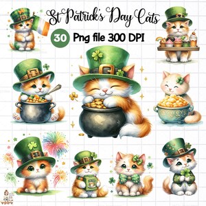 May include: 30 digital illustrations of cute orange and white cats wearing green shamrock hats and holding various St. Patrick's Day themed items. The illustrations are in PNG format and 300 DPI.
