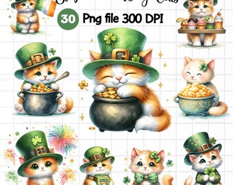 Cat St. Patrick&#39;s Day PNG Clipart, St. Patrick&#39;s Day PNG, Cute Cat PNG, Cat Clipart,Irish Clipart,Shamrock Clipart,Watercolor Cat st.patrick