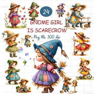 Gnome Girl es espantapájaros, Gnomo divertido, Juguetona Espantapájaros Gnome Girl para temas de otoño y cosecha, Arte de gnomos para decoración de otoño, Imágenes prediseñadas de gnomos