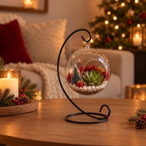 Peut inclure: Un terrarium sphérique en verre transparent suspendu à un support incurvé en métal noir. À l'intérieur se trouvent une succulente verte, un sapin miniature, un petit cadeau rouge et des galets blancs sur de la mousse rouge et jaune.
