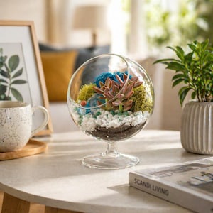 Könnte beinhalten: Ein kugelförmiges Glasterrarium auf einem Standfuß mit einer Sukkulente, hellgrünem Moos, blauen Dekoelementen und weißen Kieselsteinen auf dunkler Erde. Das klare Glasgefäß verfügt über eine schräg verlaufende Öffnung an der Oberseite.