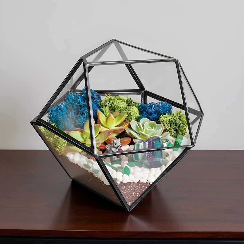 K&ouml;nnte beinhalten: Ein geometrisches Glasterrarium mit schwarzem Metallrahmen, gef&uuml;llt mit gr&uuml;ner und blauer konservierter Moos, verschiedenen Sukkulenten, wei&szlig;en Kieselsteinen, einer kleinen grauen Eichh&ouml;rnchenfigur und einem durchscheinenden blauen Stein auf Erde.