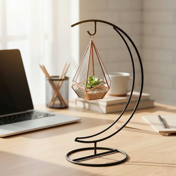 Half Moon Black Iron Ornament Display Stand - 9" Hanging Terrarium Holder