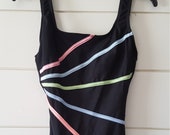 80s 90s Longitude One Piece Swimsuit, Black Neon Pink Green Blue Stripes, Bathing Suit size 10 Womens, Scoop Back