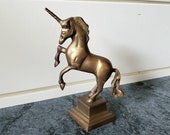 Solid Brass Unicorn Figurine, D.A.R. 1005 Made in India, Antique Molded Bronze Gold Metal Aged Distressed Patina DAR Small Statue