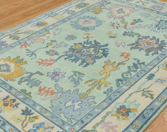 Blue Green Rug, Ivory Oushak Rug, Colorful Area Rug, Turkish Rug With Turquoise, Peach, Orange And Gray Accents: The Spring Wool Rug AR_3607