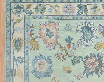 Hand-Knotted Wool Oushak Rug, Teal Green, Floral Abstract Design AR_3607