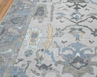 Gray Oushak Wool Rug, Blue Beige Neutral Area Rug, Hand-Knotted AR_3815
