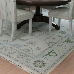 Muted Oushak Rug In Ivory & Coastal Green For White Furniture, 9x12 Vintage-feel Turkish Rug: The Praline-N-Cream Area Rug (AR_3727)