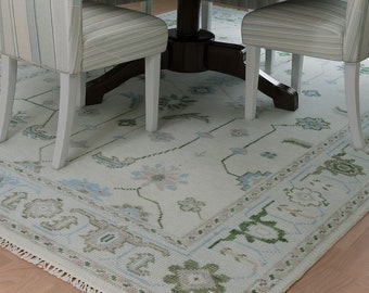 Muted Oushak Rug In Ivory & Coastal Green For White Furniture, 9x12 Vintage-feel Turkish Rug: The Praline-N-Cream Area Rug (AR_3727)