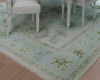 Cream Area Rug, Neutral Oushak Rug With Blue & Sage Floral Design, Muted Turkish Rug For Bedroom: The Sun-Kissed Wool Rug (AR_3726)