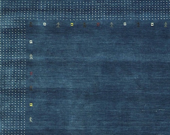 Blue Gabbeh Rug, Navy Area Rug, Minimal Rug Tribal Pattern Border In Ivory Red & Green, Large Handmade Wool Rug, Plain Wool Rug: Blue Dots