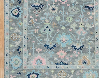 Gray Oushak Wool Rug, Light Pink, Green, Blue Floral Carpet, Custom Size AR_3325