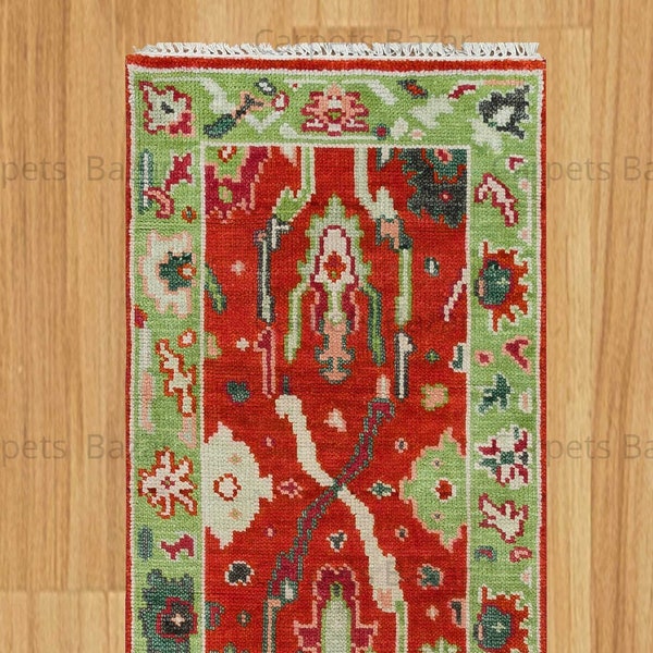 Stunning Scarlet Oushak Runner, Pistachio Mint & Hunter Green Rug Runner 3x6, Coral and Lime Handknotted Wool Rug, Hallway Area Rug AR_3785