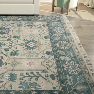 Gray Rug, Blue Pink Oushak Rug, Floral Design Neutral Turkish Carpet, Muted Home Decor Area Rug, Hand woven Wool Rug Custom Sizes: AR_3852