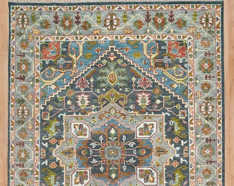 Blue Gray Turkish Rug, Oushak Rug In Rust Green Accent, Vintage Feel Traditional Persian Area Rug, Living Room Wool Rug: Theodora C_3212