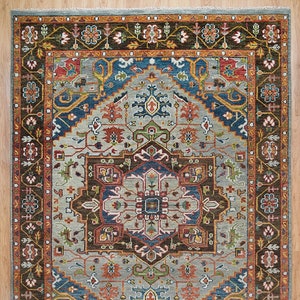 colorful oushak by carpetsbazaar, vintage look turkish rug, black rug, gray wool rug, 8x10 area rug, blue black oushak, gray charcoal persian rug, living room rug, bedroom rug