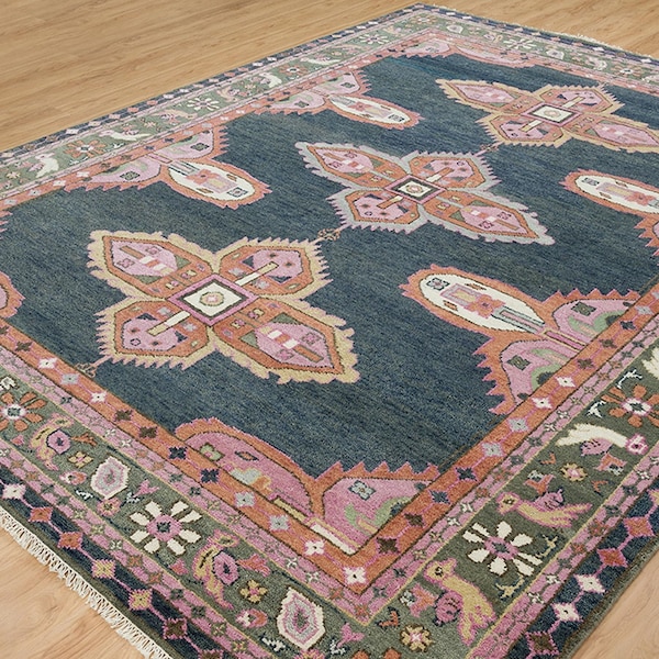 Wonderful Traditional Design Rug, Handmade Turkish Rug, Navy and Green Wool Rug: Touch of Pink Area Rug (3236)