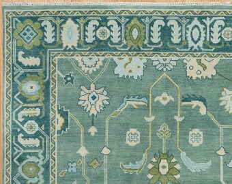 Cadet Green & Blue Oushak Rug, Contemporary Modern Area Rug, Olive Beige Turkish Rug With Ivory Accent: Evergreen Wool Rug AR_3740