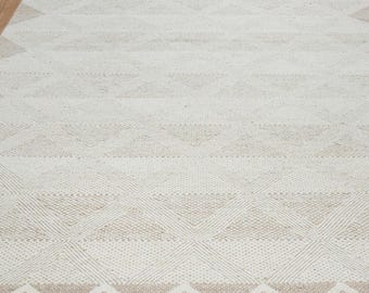 Scandinavian Flat Woven Rug, Beige & White Modern Rug, Soft 8x10 Kilim Rug, Handmade Wool Rug, Boho Geometric Area Rug OS_AC4