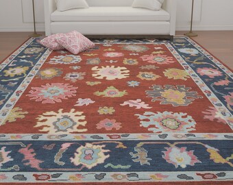 Red Oushak Rug With Navy Border 8x10, Turkish Rug Cream, Green, Pink Accents, Large Modern Area Rug 9x12: Scarlet Sleigh Wool Rug AR_1208