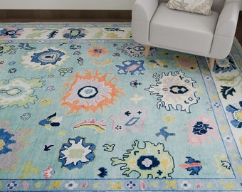 Pastel Oushak Rug In Sky Blue & White, Floral Rug In Green Navy Pink Light Purple Accents, Contemporary Area Rug: Singing Wool Rug AR_3645