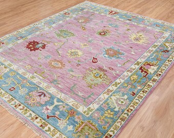 Pink Oushak Rug, Blue Border Turkish Rug, Colorful Area Rug In Faded Effect, Contemporary Wool Rug For Living Room: The Textured 3226