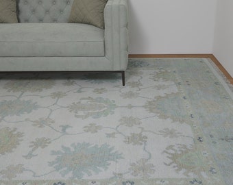 Muted Oushak Rug, Silver Gray Bedroom Rug With Ivory, Blue & Green |Handmade Neutral Wool Rug: Palmetto Paradise Area Rug (AR_3725)