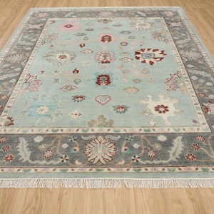 Modern Oushak Rug In Pastel Blue, Gray Turkish Rug, Colorful Area Rug In Red Pink & Ivory Accents For Living Room: Ashville Wool Rug AR_1209