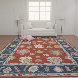 9X12 Red Oushak Rug With Navy Border, Turkish Rug With Cream, Green, Pink Accents, Hand-knotted Wool Rug: Scarlet Sleigh Area Rug AR_1208