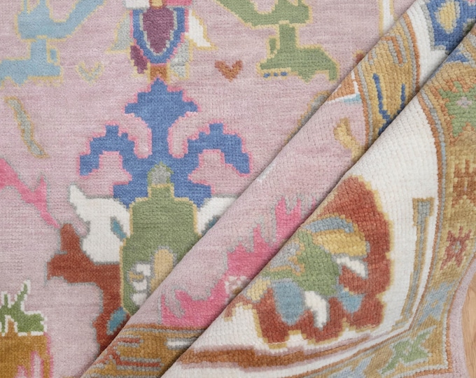 Featured listing image: Pink Rug, Oushak Rug White Blue Orange, Gold Purple Turkish Carpet, Home Decor Area Rug, Custom Size Wool Rugs: Seaside Serenity AR_3076