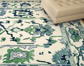 Blue And Green Oushak Rug, Modern Fine WoolRug With Navy Accent, Ivory Wool Rug For Living Room: Palm Beach Area Rug AR-3648