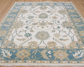 Ivory Oushak Rug 8x10, Blue Gold Contemporary Turkish Rug, Floral Pastel Color Area Rug For Bedroom, Modern Living Room Wool Rug C_2050