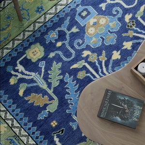 Navy Blue Oushak Rug, Green Border Rug, Modern Colorful Area Rug, Turkish Rug Large, Handknotted Wool Rug: Under the Olive Tree AR_3731