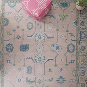 Light Pink Oushak Rug, Modern Area Rug 9x12 Blue Green, 8x10 Turkish Rug For Bedroom, Pastel Color Wool Rug Handmade: Bohemian Oasis AR_3800