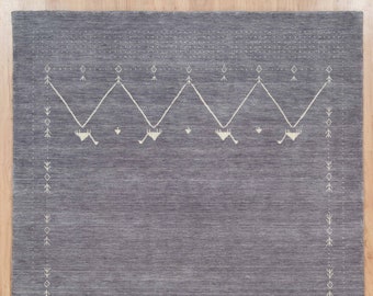 Gabbeh Rug Gray & Ivory, Silver Area Rug, Minimalistic Persian Rug, Abstract Gabbeh Rug 8x10, Modern Soft Wool Rug: Sealife Grey 3017